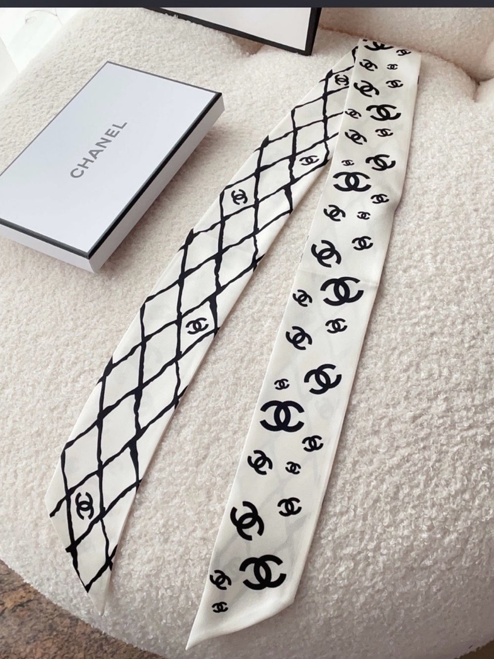 Double C White Black Letter Logo Twilly Slim Scarf Ribbon